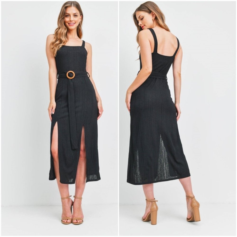 Black Belted Ribbed Dress